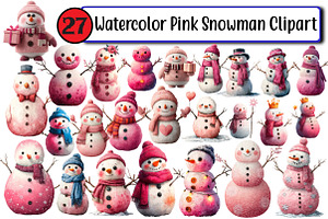 Watercolor Pink Snowman Clipart, an Illustration by Design Market
