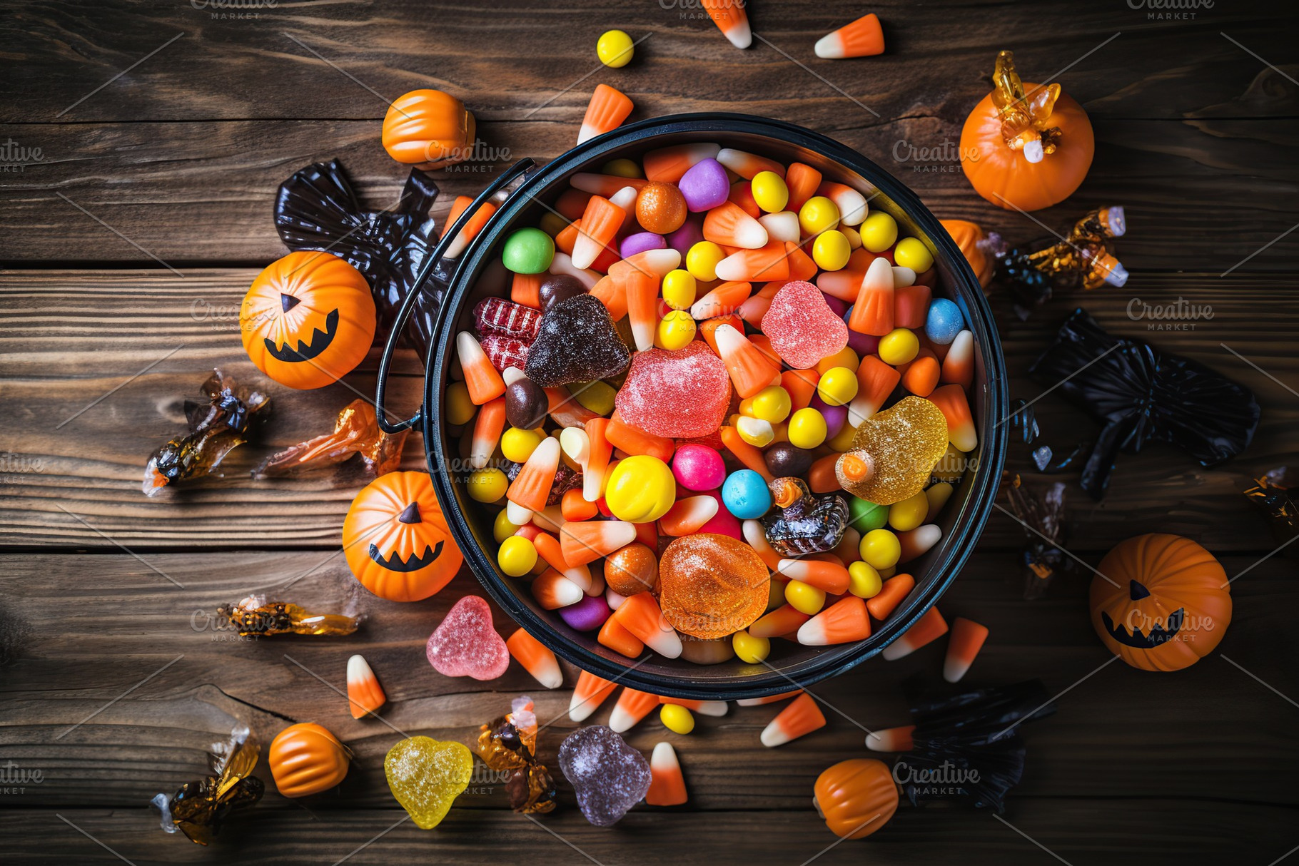 Halloween candies in bucket on brown wooden background, a Holiday Photo by AlyaAnd