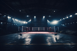 Boxing ring in a dark room with ligh, a Photo by Iftikhar Alam