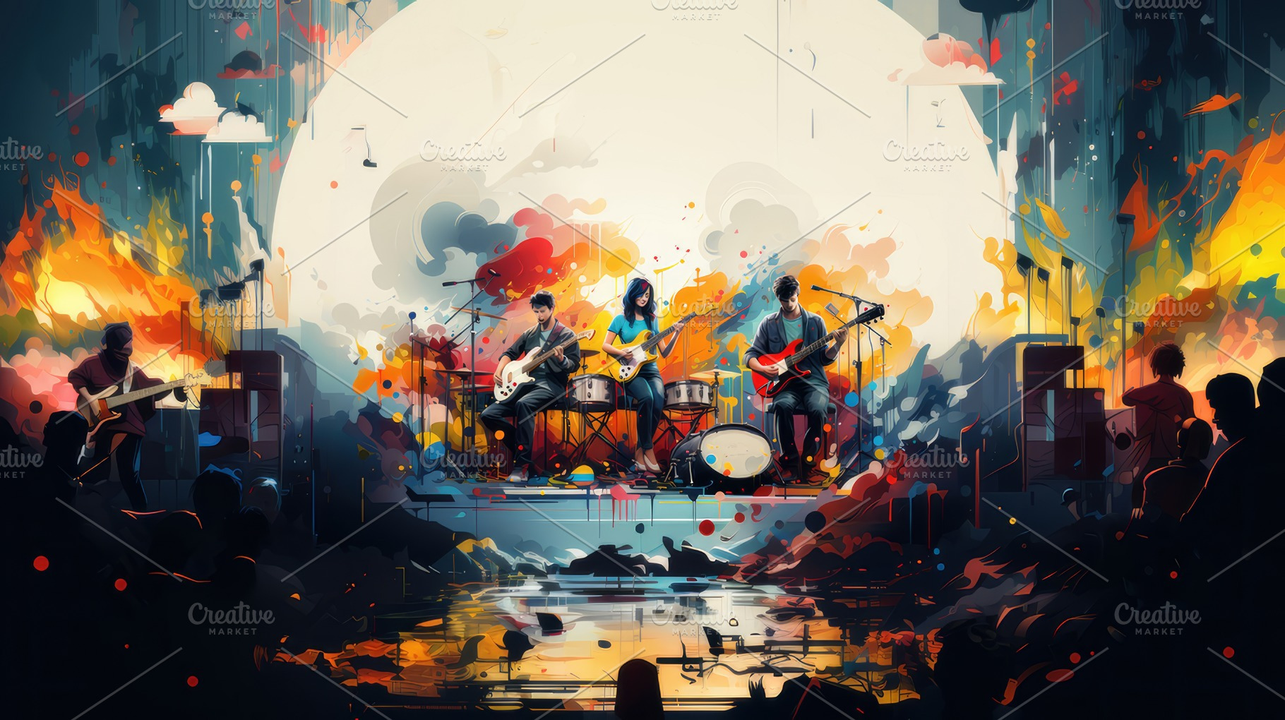 Colorful Music Festival Illustration Featuring a Live Band Performance with Aud, a Photo by AS photostudio