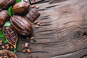 Cocoa pod, cocoa beans and chocolate, a Photo by Volff