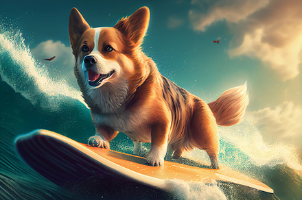 Illustration of a dog surfing