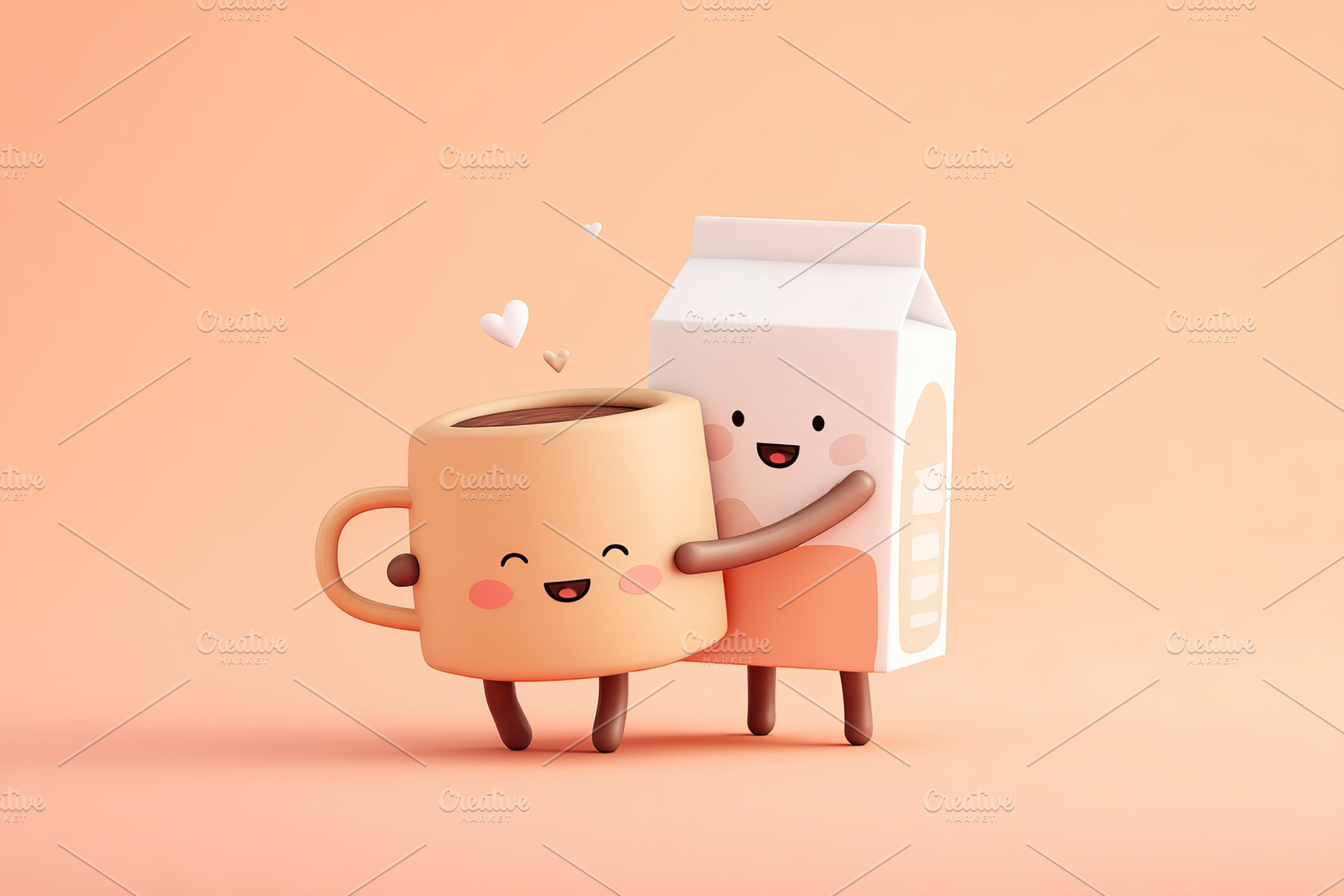 Cute cup embraces a soft beige milk carton in a playful display of friendship, a Food & Drink Photo by AlyaAnd