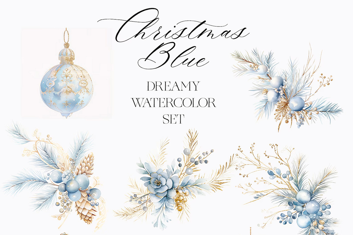 Christmas Blue Watercolor Dreamy Set, a Seasonal Illustration by studioequinox (Photo 2 of 10)