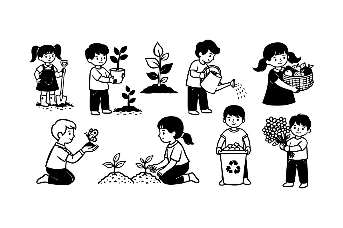Kids Gardening Activity Clipart, an Illustration by designvectx (Photo 1 of 3)