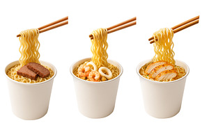 Three cups of ramen noodles with, a Food & Drink Photo by Sergey Kotenev