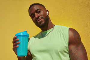 Man with shaker by yellow wall, a Photo by Beautiful things