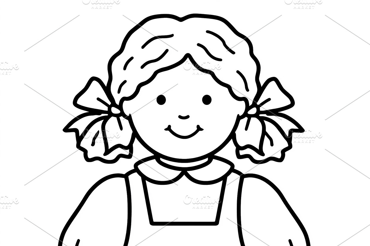 Girl doll line art drawing for coloring page, traditional toy fo, an Illustration by Studio ANNA