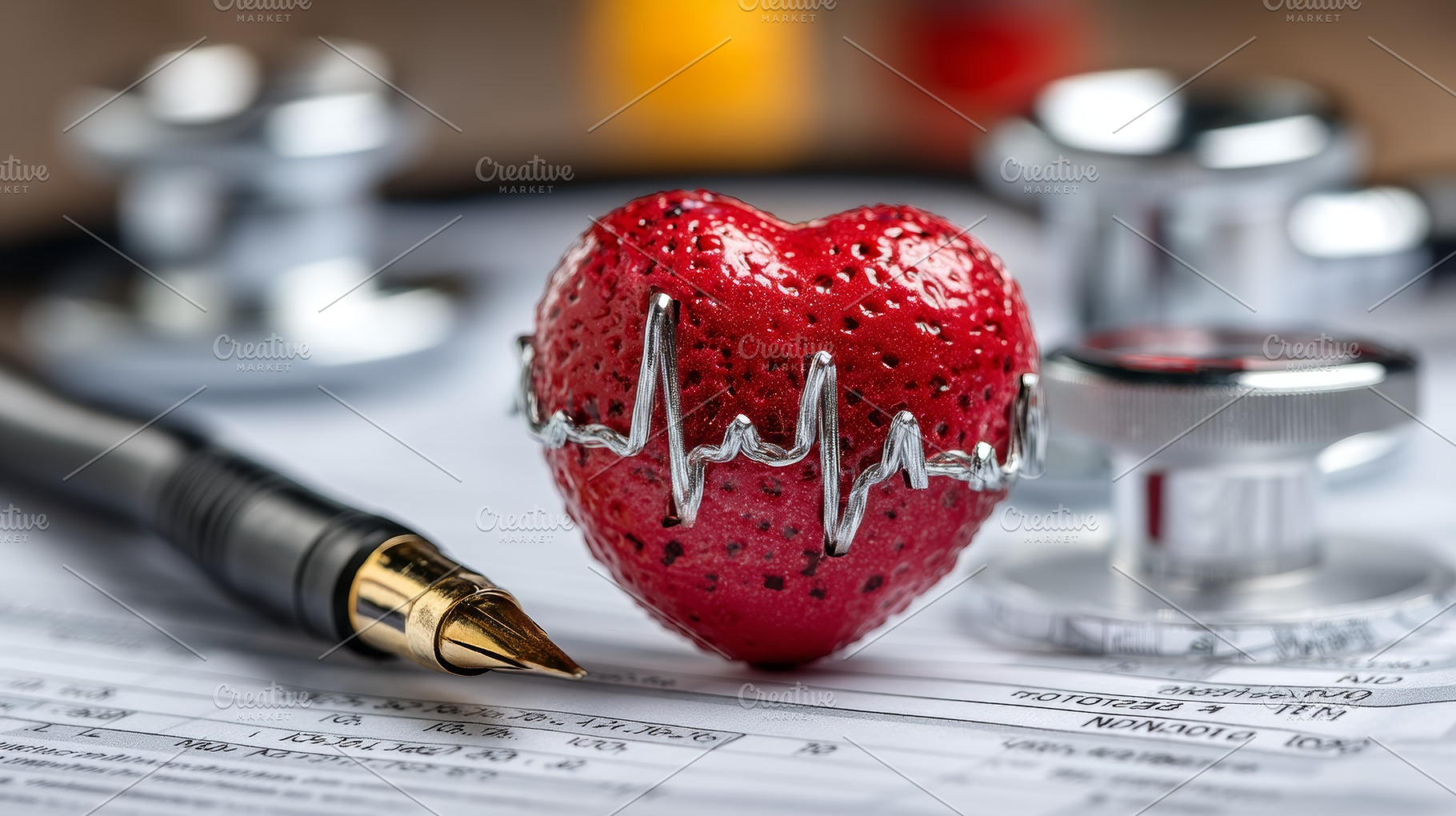 Red strawberry as heart with ECG line and medical tools, a Photo by AS photostudio