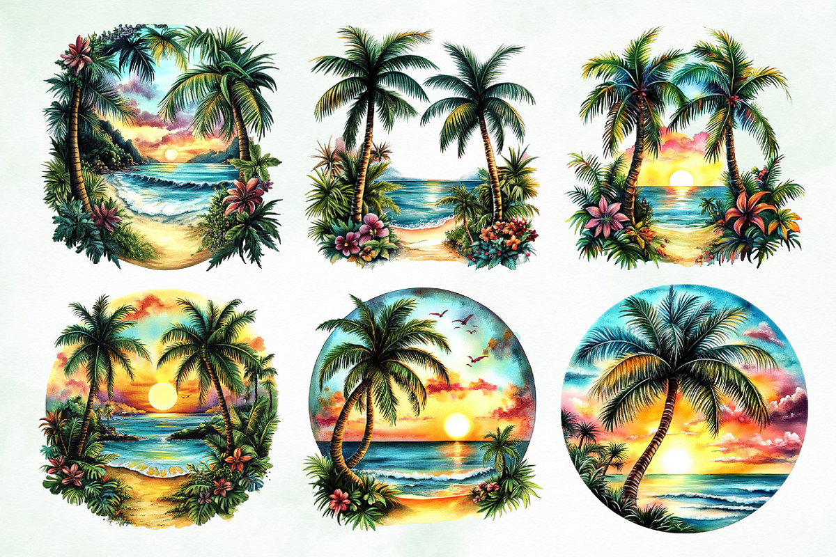 Aesthetic Sunset & Palm Tree Clipart, a Seasonal Illustration by Creative Art (Photo 3 of 8)