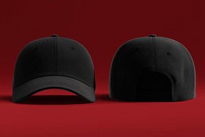 A pair of black baseball caps mockup on a red background, showcasing front and, a Mask Mockup by Textures & Backgrounds