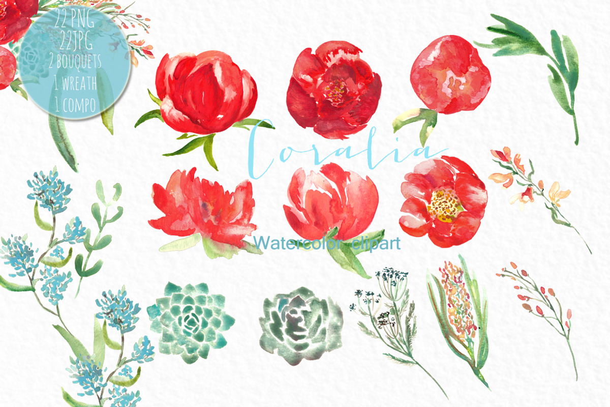 Coral Peonies.watercolor clipart, an Illustration by LABFcreations (Photo 2 of 4)