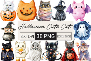 Halloween Cute Cat Clipart, an Illustration by Black Bird Studio