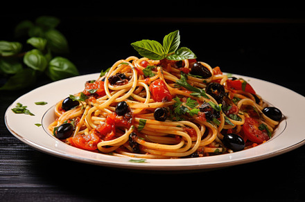 Spaghetti with tomatoes, olives and, a Photo by Iftikhar Alam