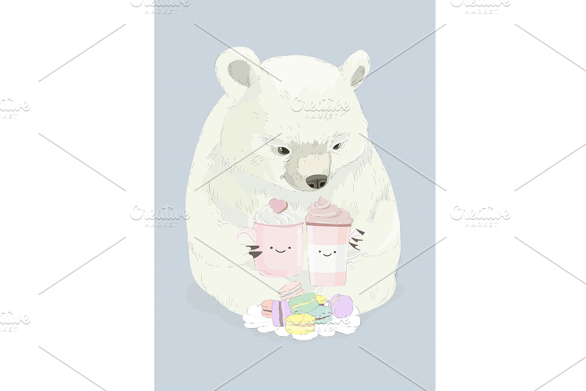 Cute Polar Bear holding Cups with, an Animal Illustration by Maria Starus