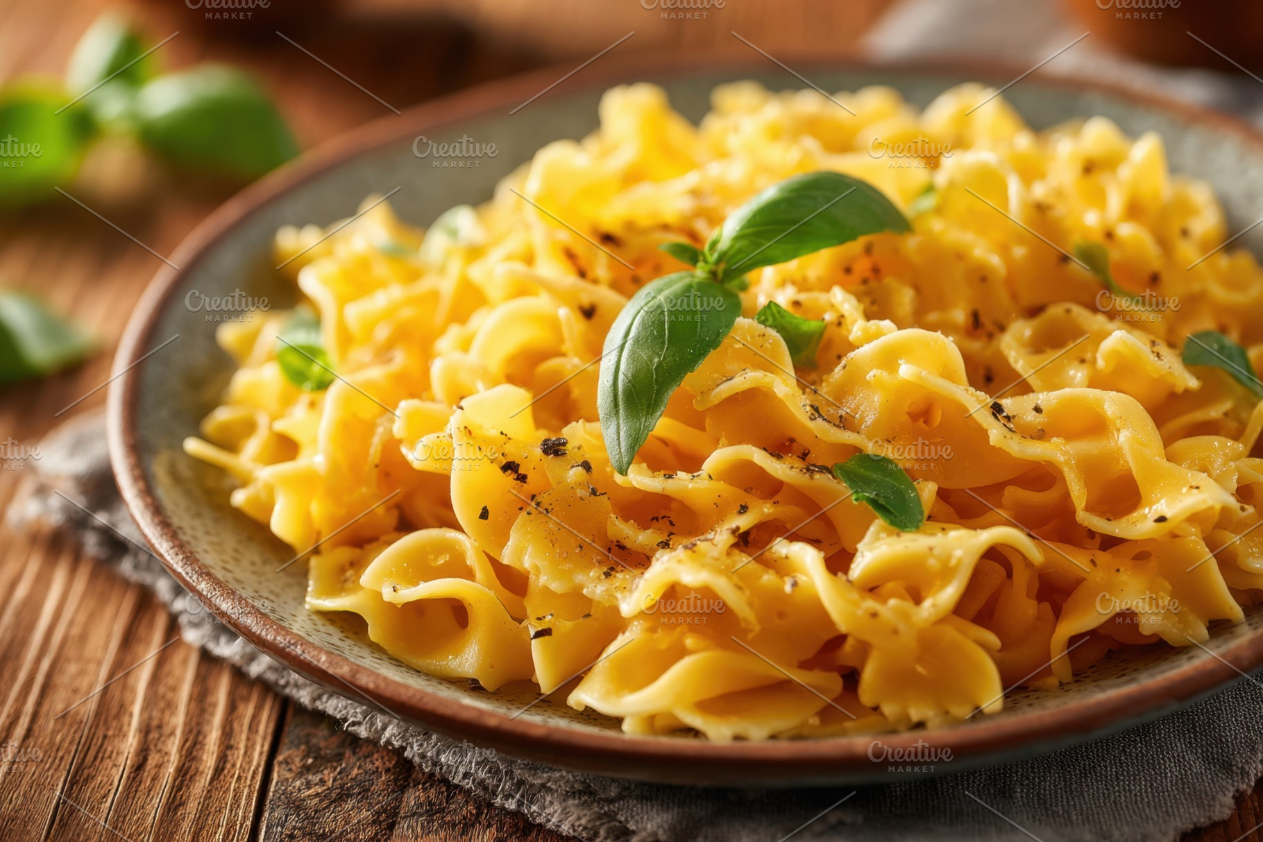 Creamy fettuccine pasta with basil garnish, a Food & Drink Photo by AlyaAnd
