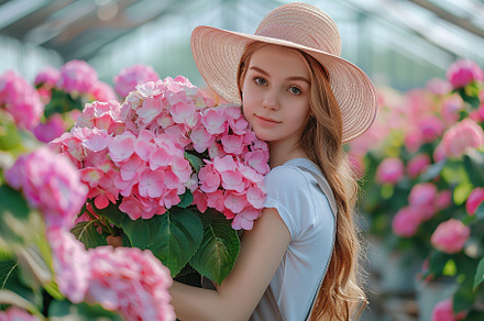 Young woman gardening flowers in greenhouse, a Nature Photo by AlyaAnd
