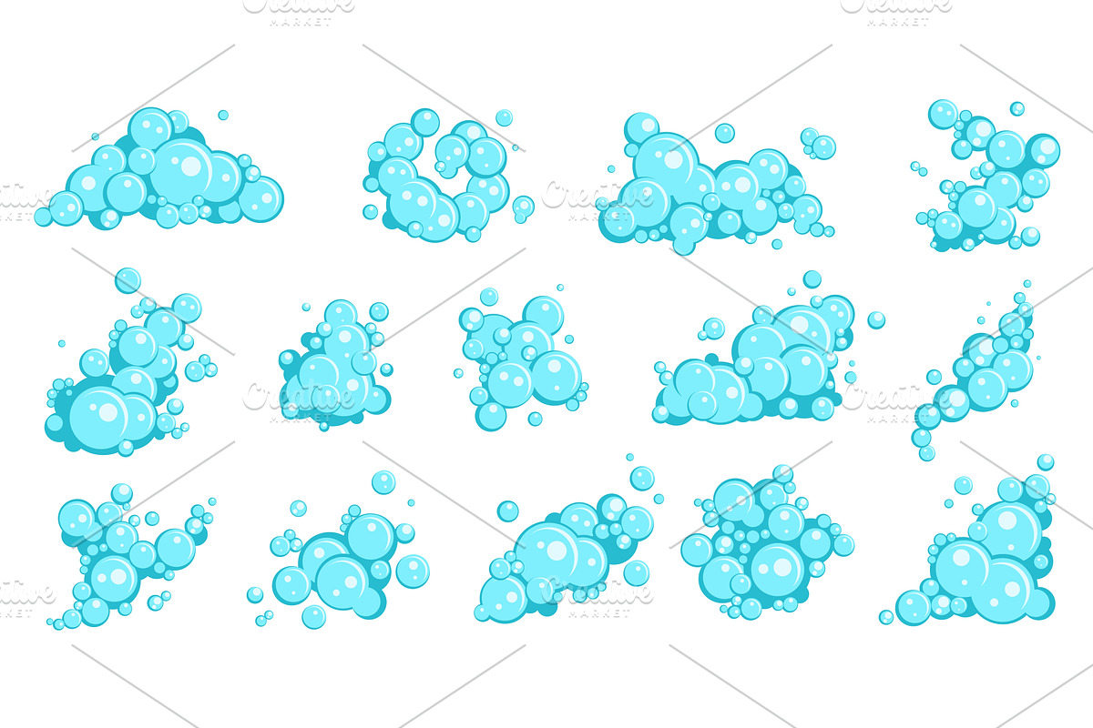 Cartoon flat blue soap foam bubbles, an Illustration by YummyBuum