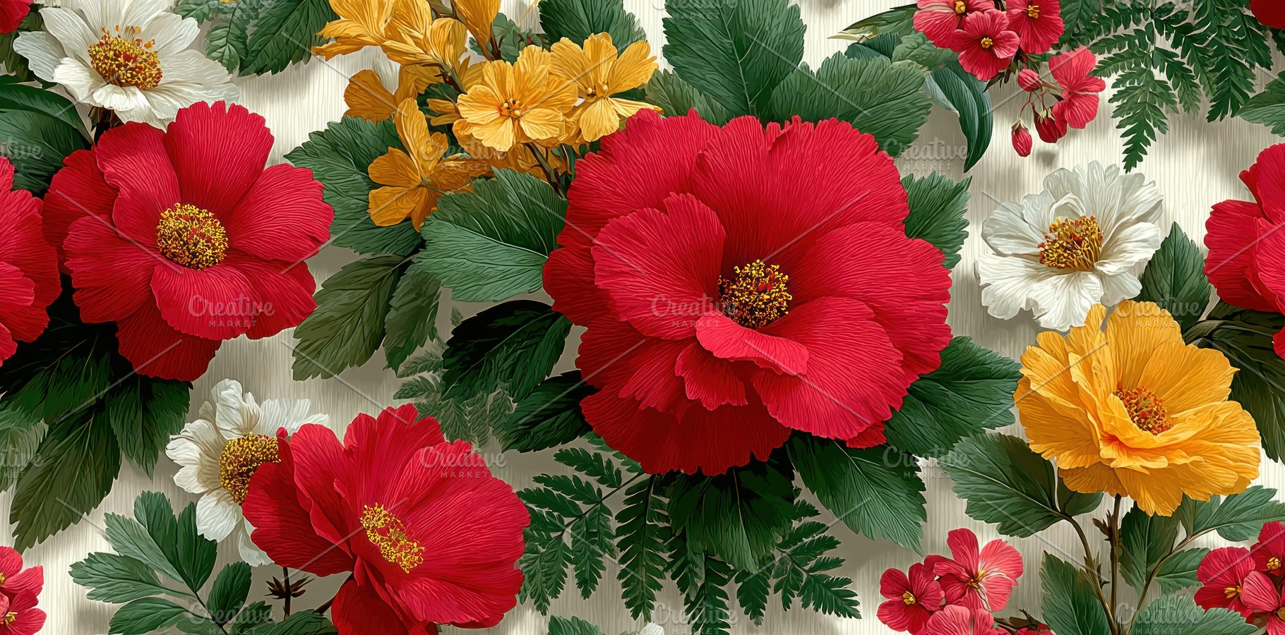 Bright red, yellow, and white tropical flowers with lush green l, a Nature Photo by José Manuel Gelpi