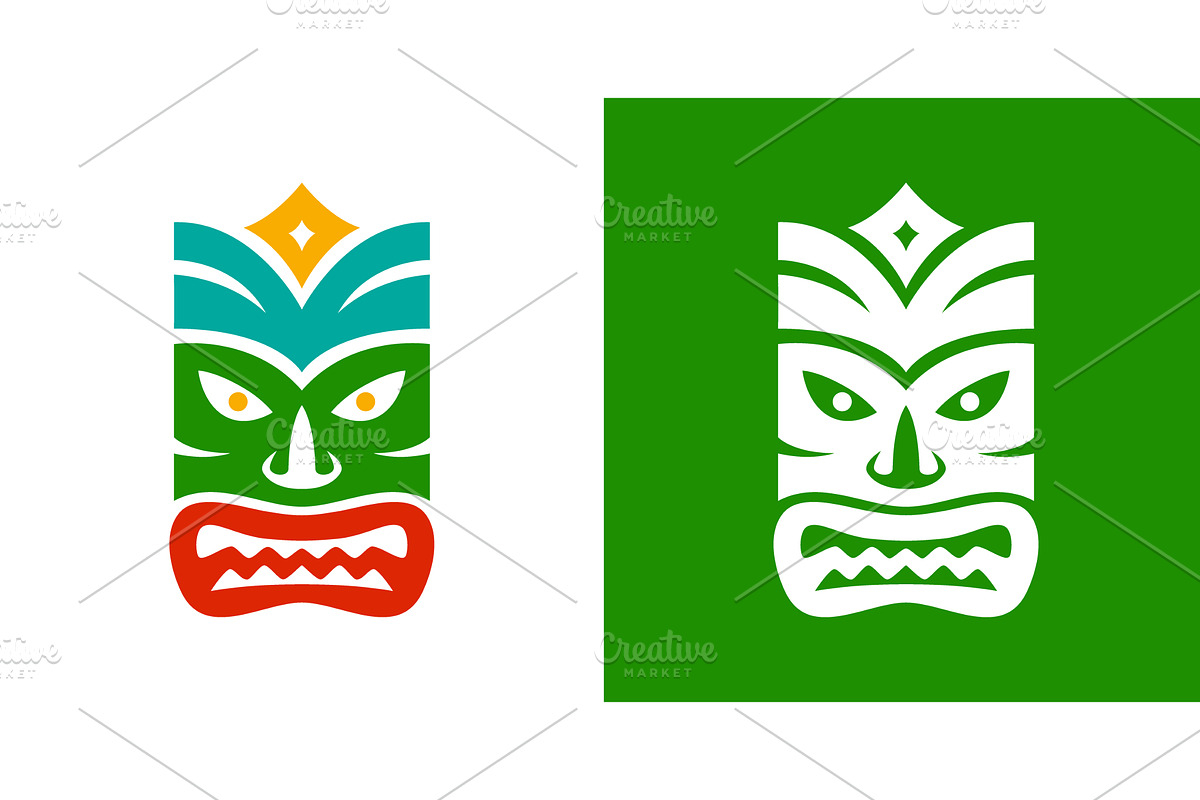 Polynesian tiki mask in green and, an Illustration by GraphiShop