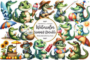 Watercolor Summer Crocodile Clipart, an Illustration by OK Design