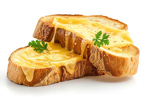 Toast bread with melted mozzarella cheese on white background, a Food & Drink Photo by AlyaAnd