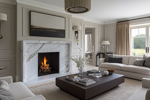 Elegant living room interior with modern fireplace, luxurious furniture, and na, an Architecture Photo by Studio ANNA