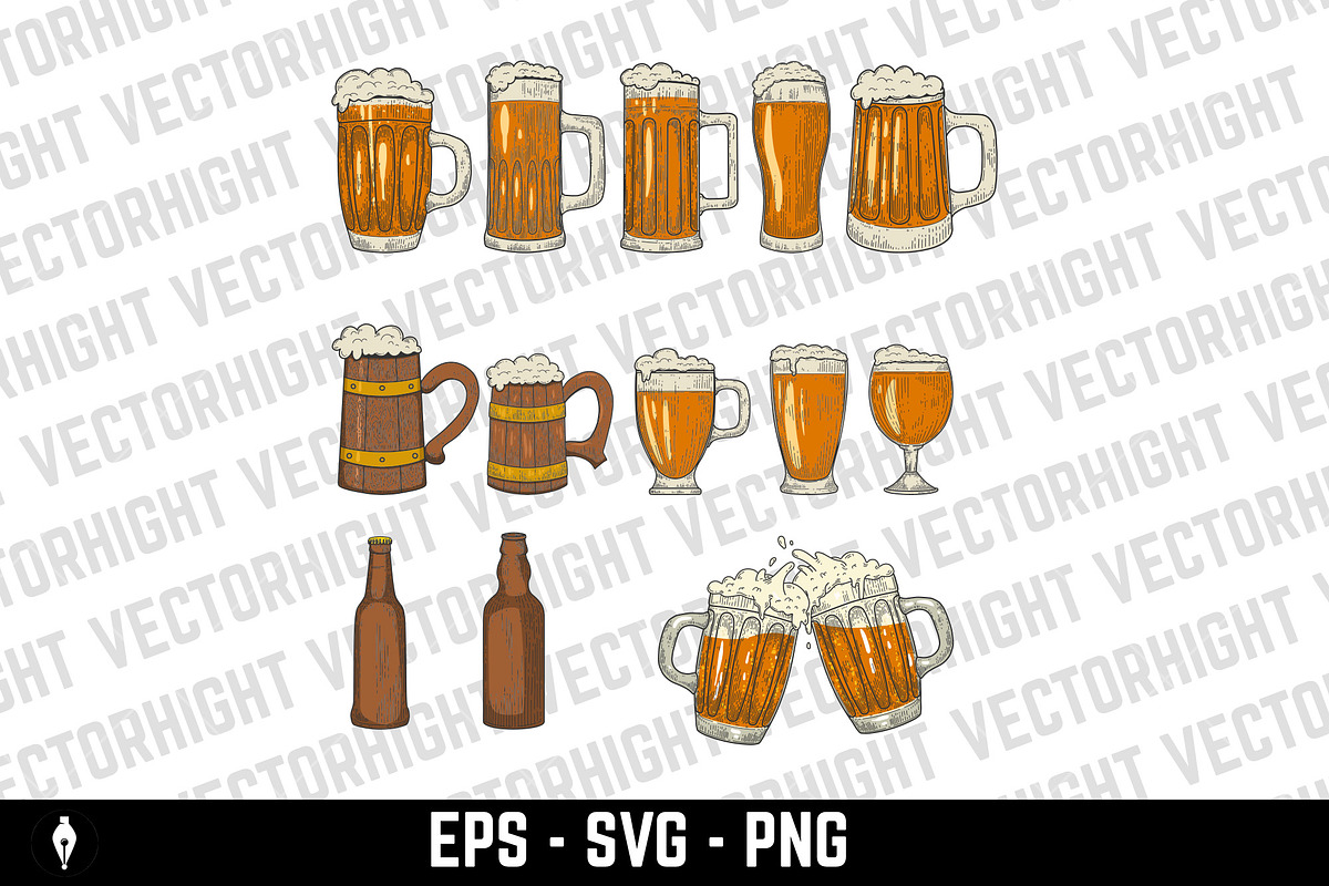Vintage-style beer mugs, a Food Illustration by Vectorhight (Photo 1 of 3)