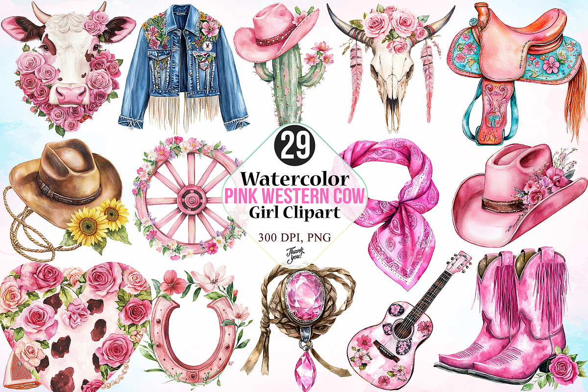 Watercolor Pink Western Cow Girl PNG, a Seasonal Illustration by Canvas Craft (Photo 1 of 3)