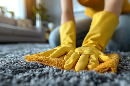 Woman Wearing Rubber Gloves Cleaning Carpet with a Rag in a Cozy Home, a Photo by AS photostudio