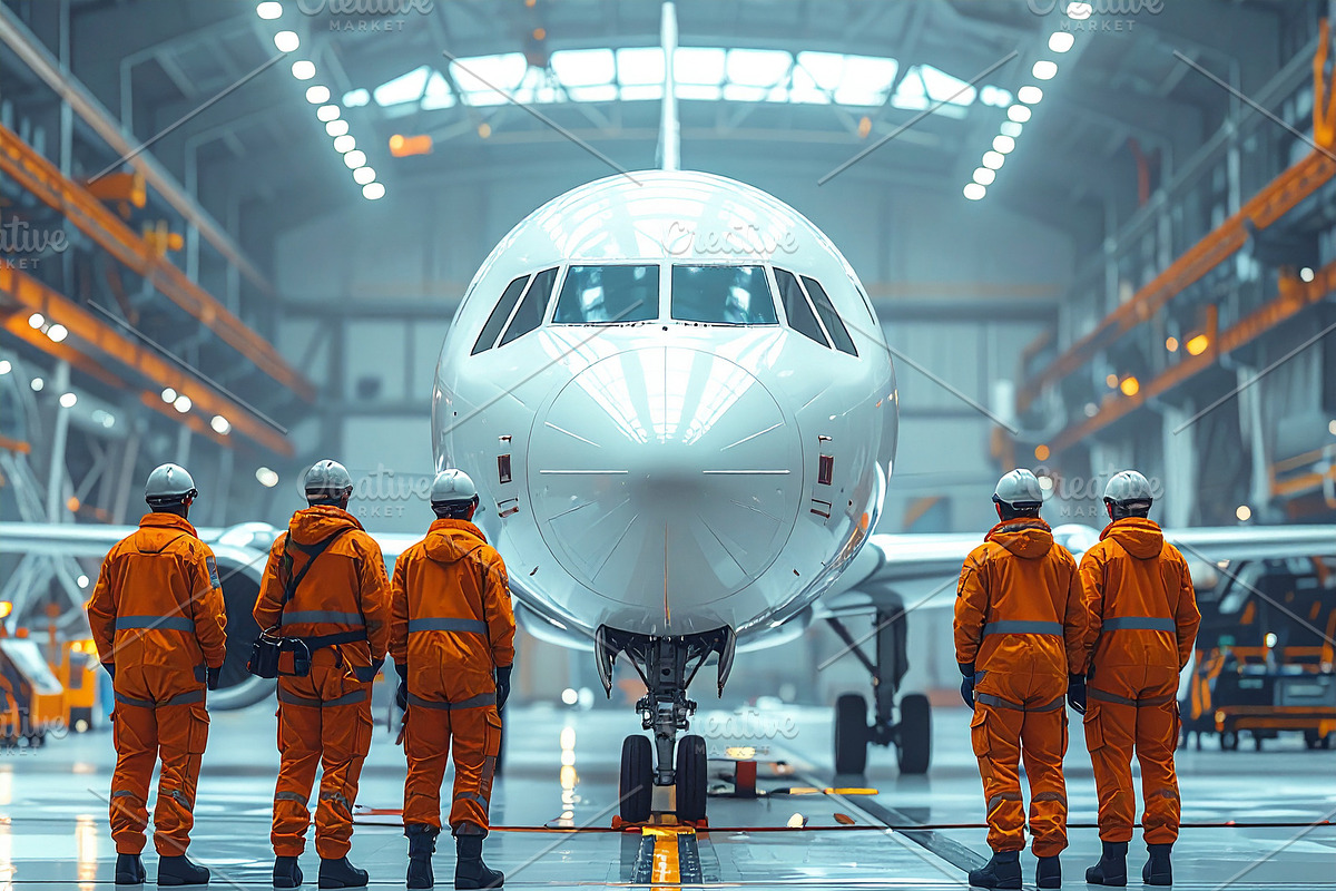 Aerospace technicians in a clean hangar, a Transportation Illustration by DanFLCreativo