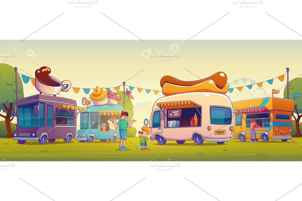 Cartoon food truck with kids, a Food Illustration by art PVP - market