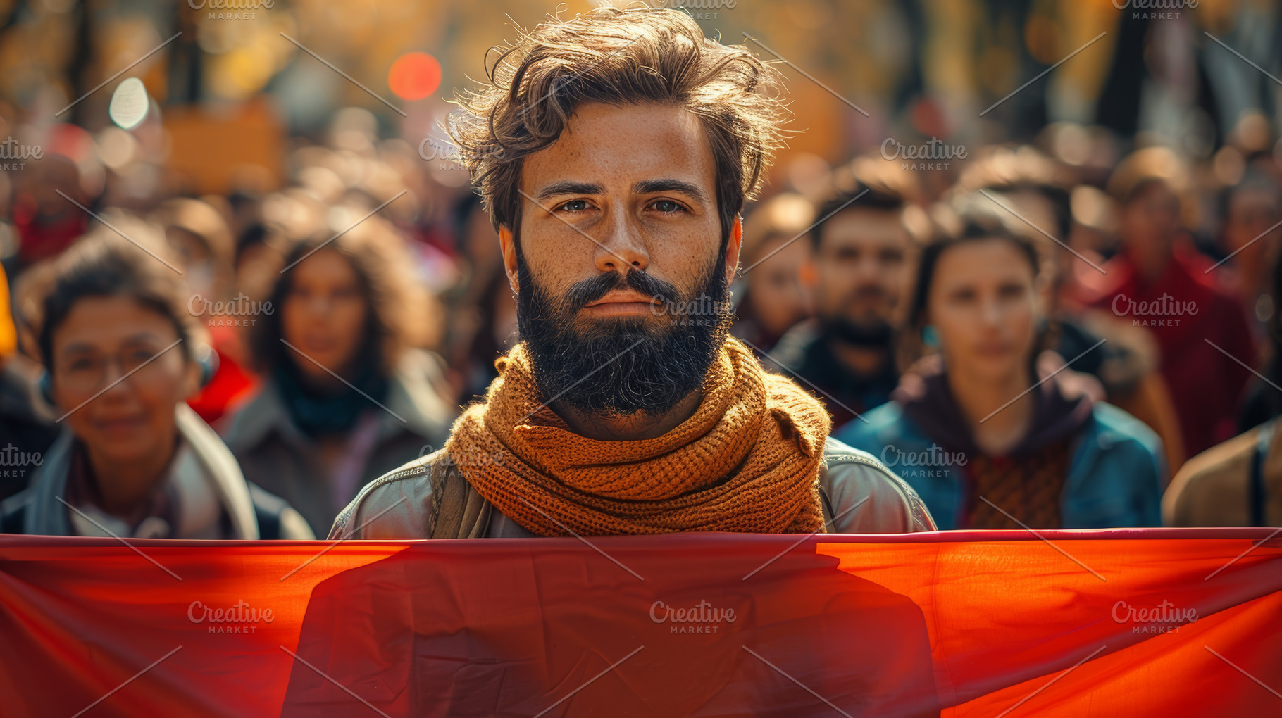 Young man with beard leading a diverse crowd in a protest, a Photo by AS photostudio