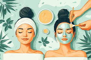 Top view of peaceful women enjoying spa treatments with green face masks, a Photo by AS photostudio