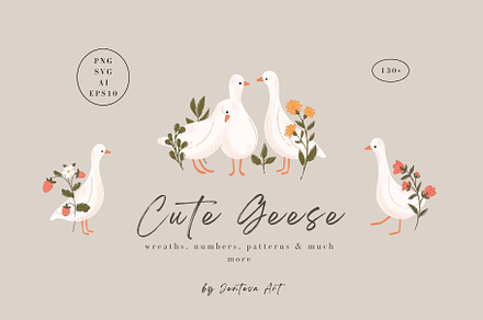 Cute Goose & Florals Collection, an Animal Illustration by Jenteva Art