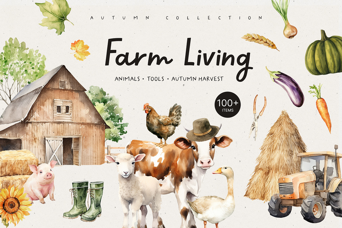 Farmhouse Harvest Watercolor Set, a Seasonal Illustration by Sunshine Art (Photo 1 of 10)