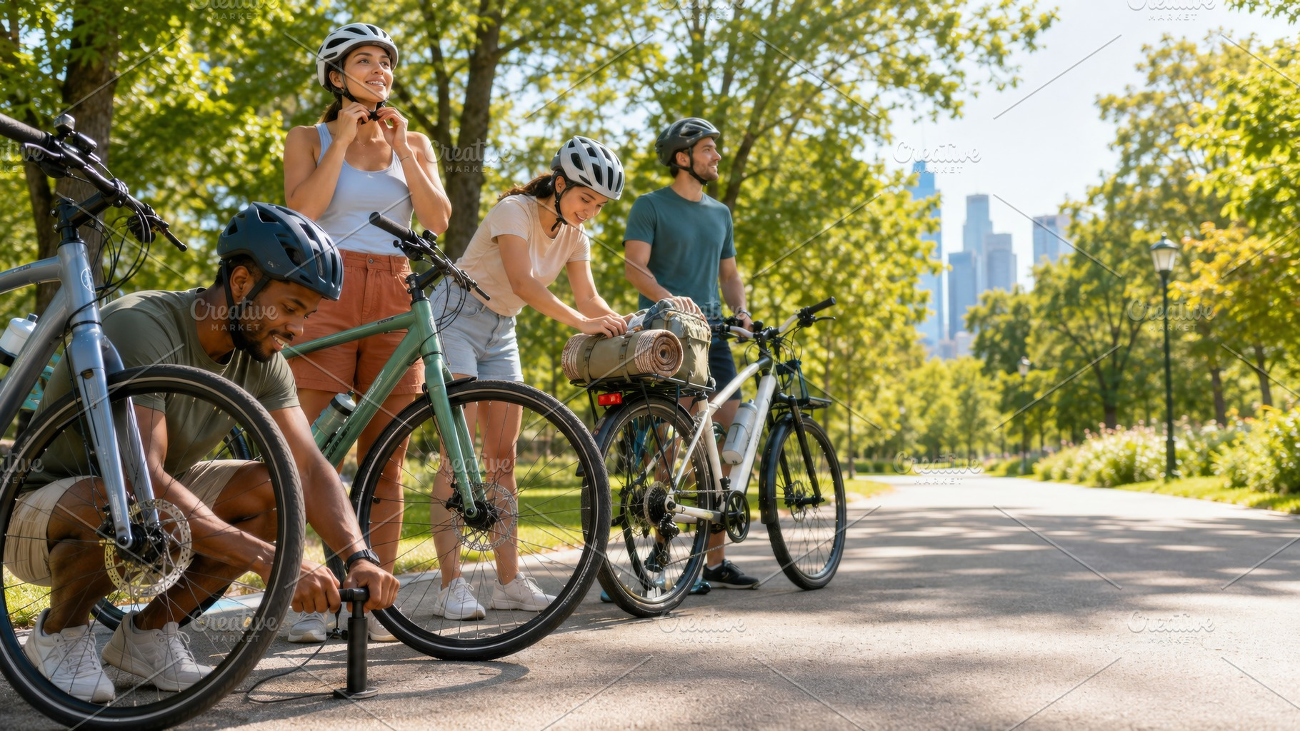Cyclists preparing bikes in sunny pa, a Photo by Dvoevnore photos