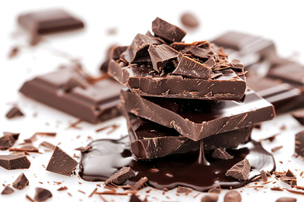 Black chocolate bar on white background, a Food & Drink Photo by AlyaAnd