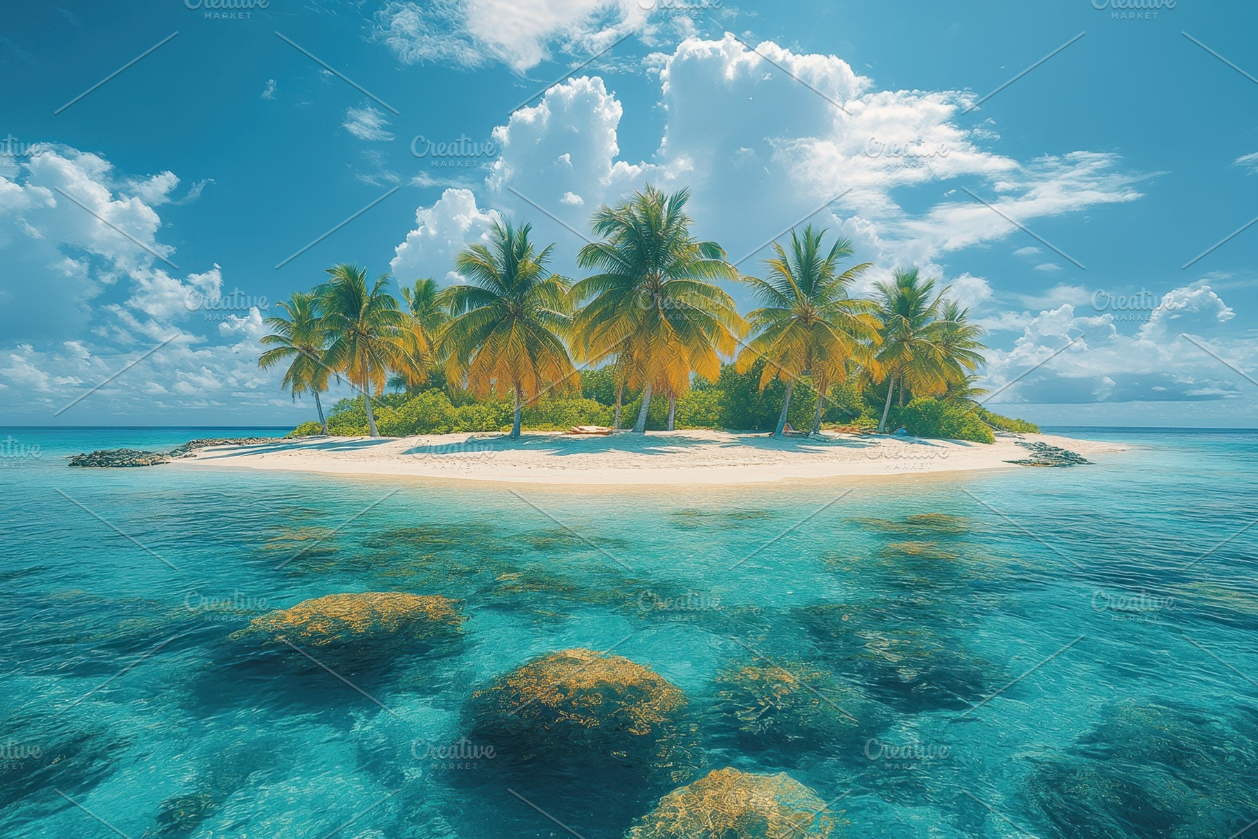 Tropical island with palm trees surr, a Photo by Tanuart