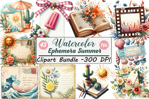 Watercolor Ephemera Summer Clipart, an Illustration by DreamCafeArt