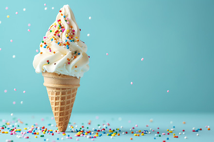 Ice cream with sprinkles in waffle cone on blue background, a Food & Drink Photo by AlyaAnd