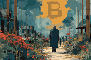Man walking toward giant Bitcoin sun through overgrown village path, a solitary, a Photo by AS photostudio
