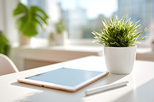 Stylish home office setup featuring tablet stylus and small indoor plant, a Photo by AlyaAnd