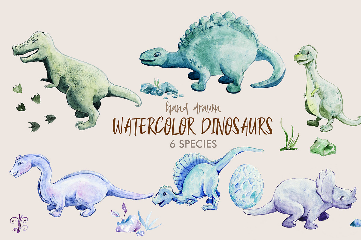 Hand drawn Watercolor Dinosaurs, a Pattern Graphic by Natsuhisui (Photo 3 of 6)