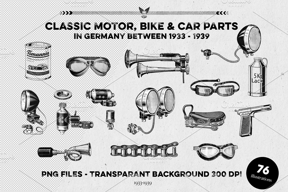 Classic Motor Bike Car Parts '33-'39, an Illustration by ArtefShop (Photo 1 of 13)