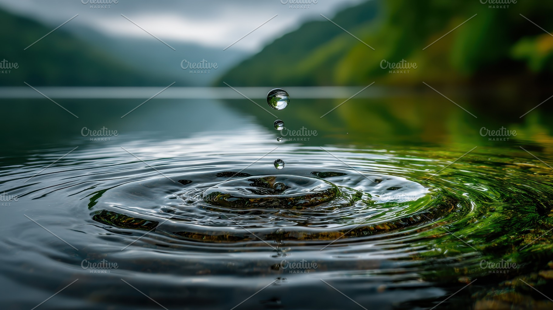 Water droplet impacting calm lake ri, a Photo by Pixeness Studio