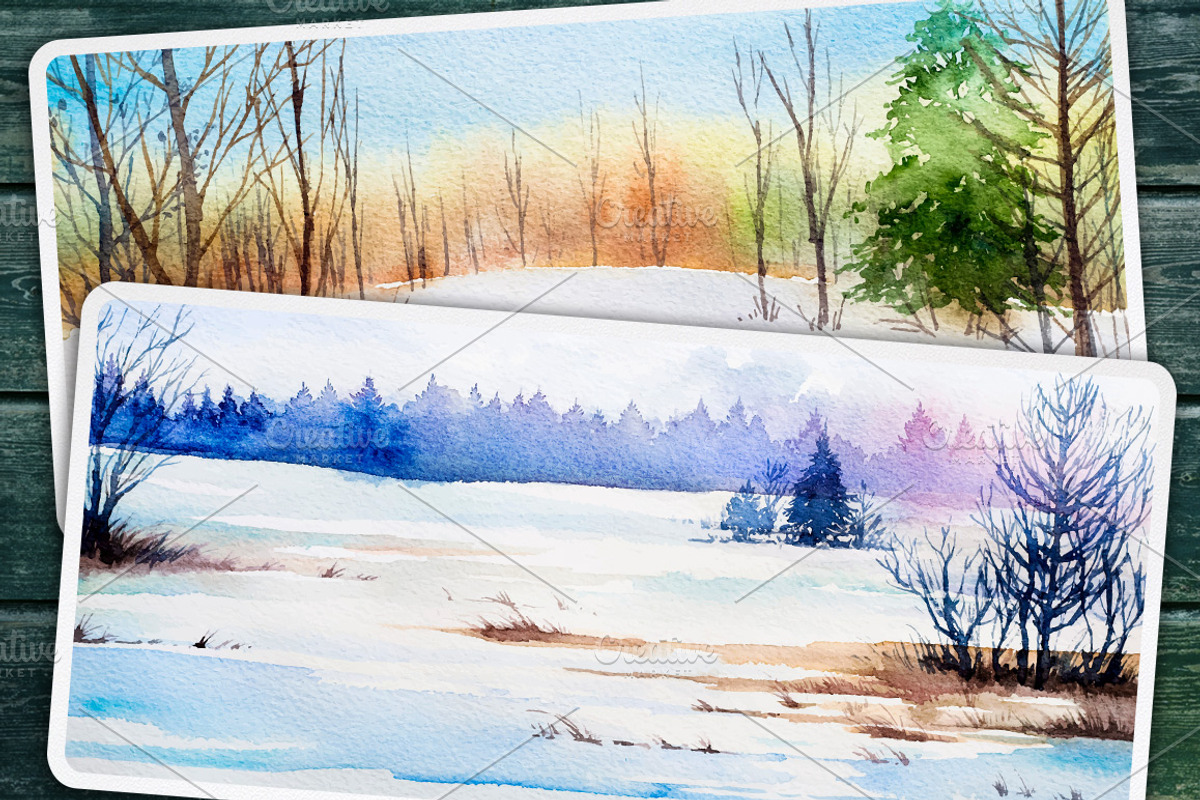 Winter Landscapes set#2. Watercolor., an Illustration by AlexGreenArt (Photo 9 of 9)