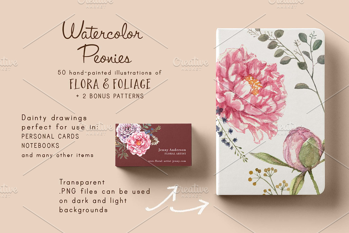 Watercolor Peonies & Foliage, an Illustration by Cynthia Arre (Photo 2 of 7)