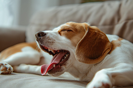 Cozy Beagle Enjoying a Relaxing Yawn on a Comfy Sofa - Generativ, an Animal Photo by José Manuel Gelpi