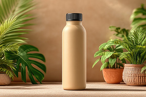 Reusable bottle on natural background with plants, eco friendly, a Food & Drink Photo by José Manuel Gelpi